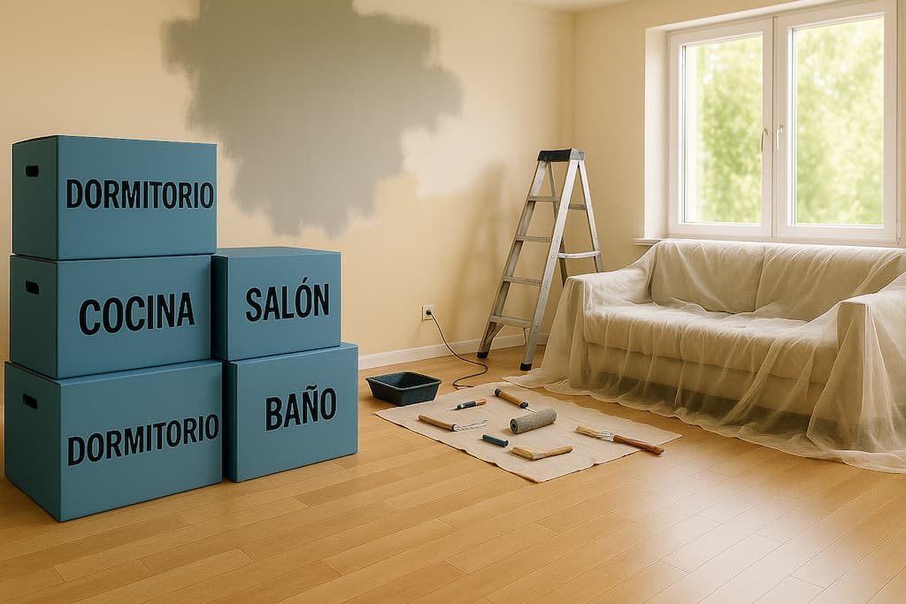 Cajas y muebles almacenados durante reforma de vivienda con Boxspace