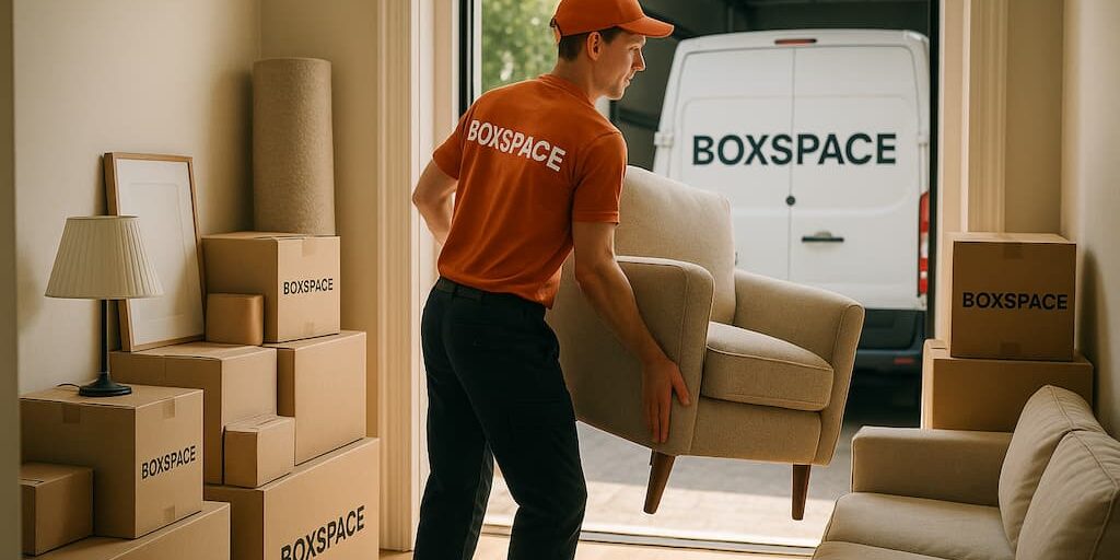 Cajas y muebles preparados para guardar por volumen en una mudanza